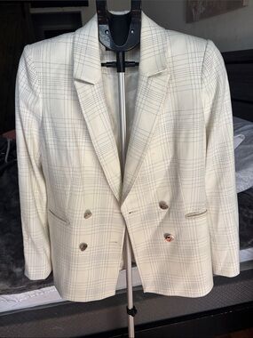 Tommy Hilfiger Cream Plaid Double-Breasted Blazer